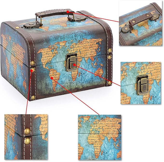 ELLDOO Decorative Treasure Chest Box, Wooden + PU Leather Storage Box for Jewelry Trinkets, Keepsakes box for Girls Women Gifts (Green Map Pattern)