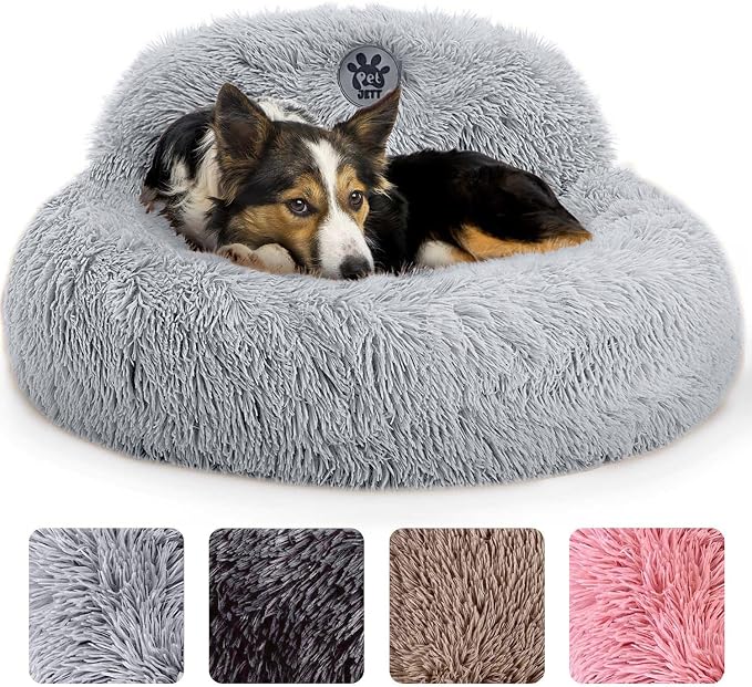 PetJett Calming Dog Bed Medium Size Dog - 30'' Donut Bed, Washable Dog Bed - Anti-Slip Super Soft Fluffy Plush Round Bed, Anti-Anxiety Premium Comfort Pet Bed, Fits Dogs up to 45 lbs - Bright Grey