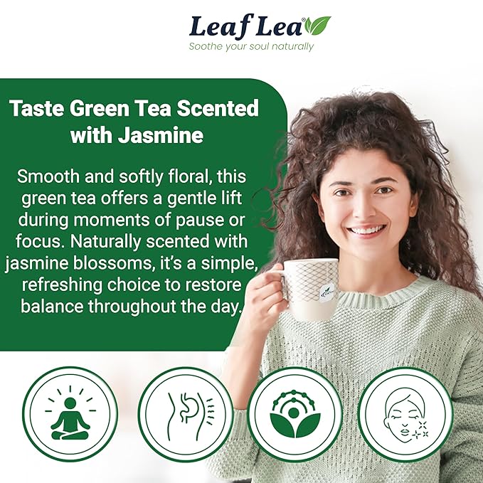 LeafLea Jasmine Green Tea Bags, Light Focus & Daily Balance, 80 Count | Green Tea Naturally Scented With Jasmine, Delicate Floral Taste, Caffeinated, Sugar-Free, Vegan, Individually Wrapped