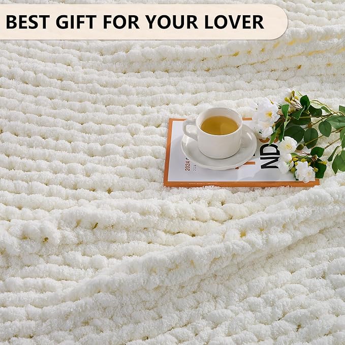 L'AGRATY Chunky Knit Throw Blanket for Couch, 50 x 60 Inches, Cream White | Handmade Chenille Crochet Blanket for Sofa Bed, Thick Cable Knitted Blankets for Room Home Decor, Birthday Gift for Women Mom