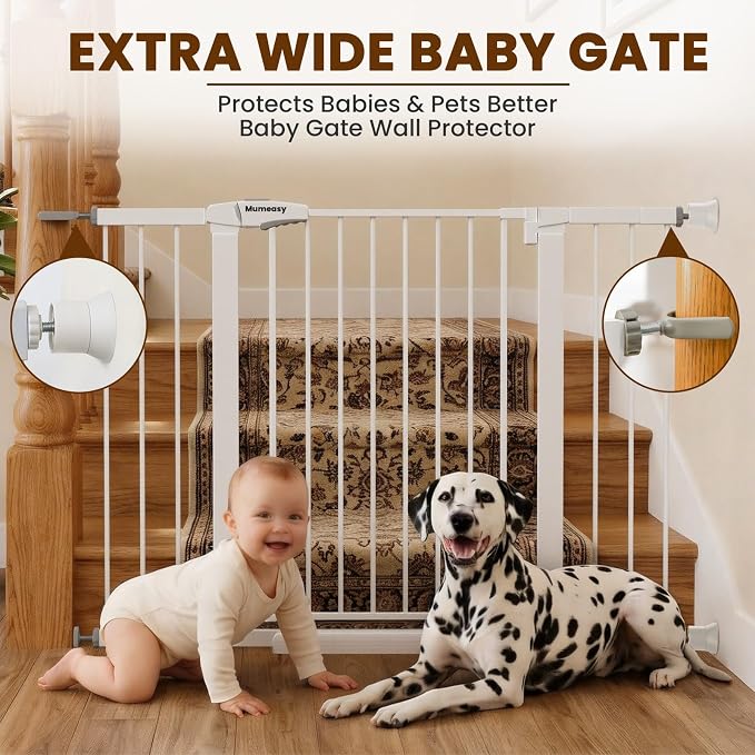 Mumeasy 29.7-48" Baby Gate for Stairs, Pressure Mounted Dog Gate for Doorways, Extra Wide Walk Thru Safety Pet Gate for Doors with Auto Close, Easy Install Child Gate for Hallway Indoor House, White