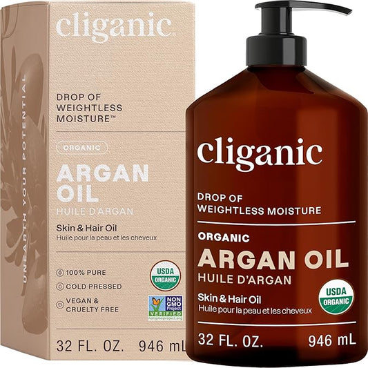 Cliganic Organic Argan Oil for Hair, Face & Skin (Bulk, 32oz with Pump) - 100% Pure, Cold Pressed