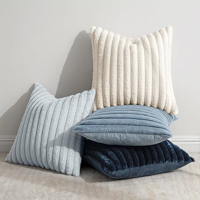MIULEE Faux Fur Plush Decorative Throw Pillow Covers 18x18, Navy Blue | Set of 4, Striped, Soft Coastal Modern Cozy Home Decor, Cushion Cases for Sofa Couch Bed Living Room