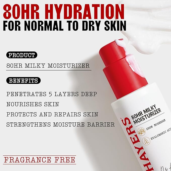 THAYERS 80HR Face Moisturizer, Face Cream with Hyaluronic Acid and Snow Mushroom, Milky Moisturizer, Lightweight Hydration for Normal to Dry Skin, Fragrance Free Skin Care, 2.5 Oz