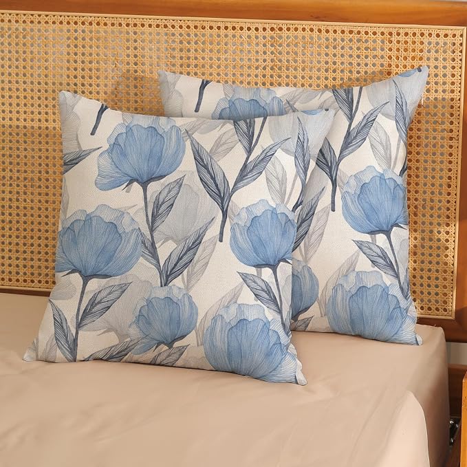 Floral Pillow Covers 18x18 Inches Set of 2,Watercolor Blue Flower Throw Pillow Covers Outdoor Spring Summer Flower Decoration Pillowcase Farmhouse Decorative Square Cushion Cover For Home Sofa