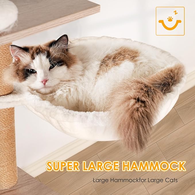 Cat Tree & Litter Box Enclosure,Modern All-in-one Indoor Cats Tower with Large Platform, Cat Condo with Wood House, Food Station, Hammocks (23.6”)