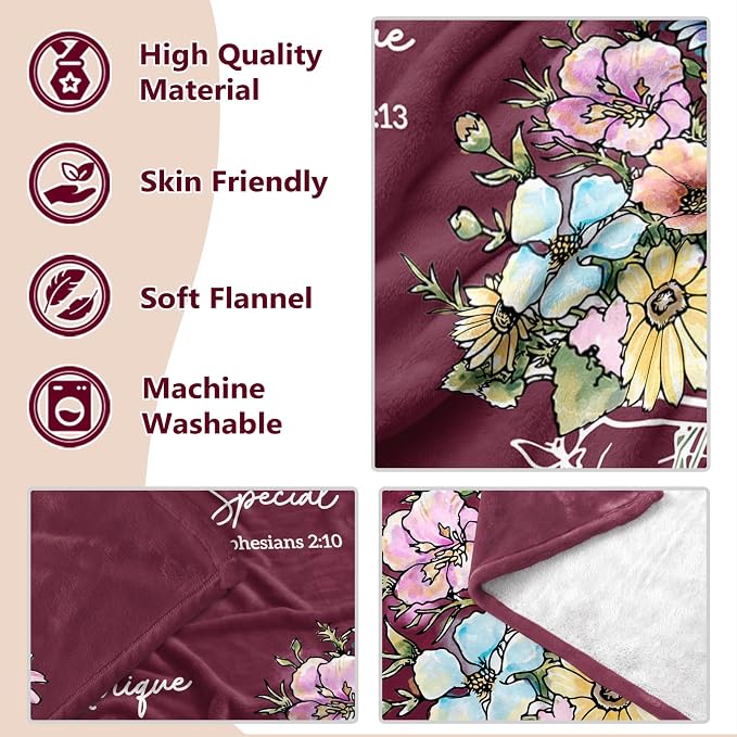 Christian Birthday Gifts for Women, Burgundy Christian Blanket with Flowers | Birthday Gifts for Women, Baptism Religious Christmas Spiritual Gifts for Grandma Mom Daughter, Wine Red Blankets 60''x 50''
