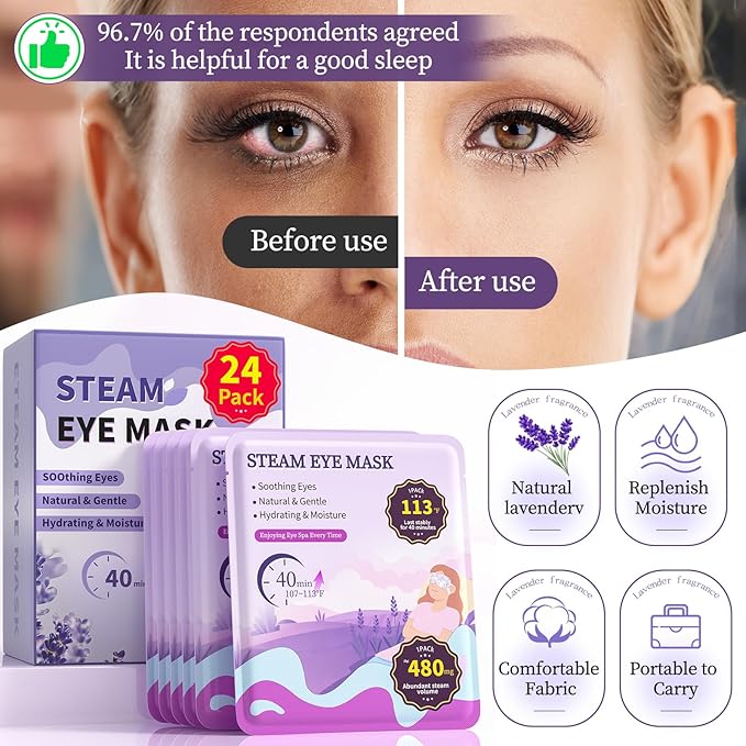 110℉ Constent Cornea Care Rest Self Heating Eye Mask 60Mins, Disposable Lavender Steam Eye Mask for Travel Sleep, Compresses for Dry Eyes, Relaxing Gifts 24 Packs
