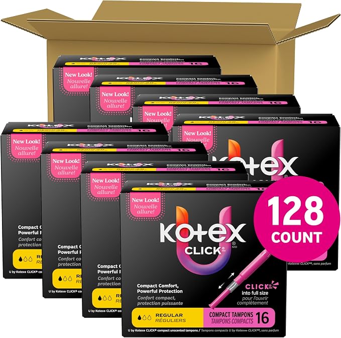 U by Kotex Click Compact Tampons, Regular Absorbency, Unscented, 128 Count (8 Packs of 16) (Packaging May Vary)