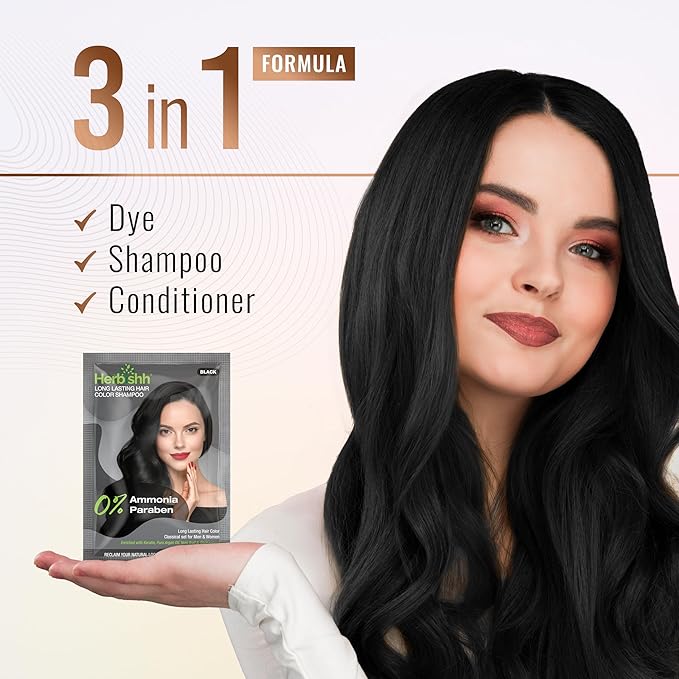 Herbishh Hair Color Shampoo for Gray Hair – Natural Ammonia-Free Hair Dye with Argan Hair Mask – Long Lasting Black Coverage – Easy to Use Travel Pack – 20 Color Shampoo Pouches + 10 Hair Masks