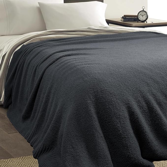 Dark Grey Black Fuzzy Knitted Blanket, Soft Lightweight Plush Queen Size Blanket for Bed, Cozy Nights, Charcoal Grey, 90x90