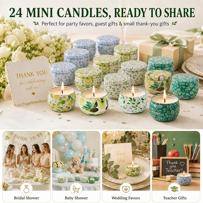24 Pack Mini Scented Candles for Party Favors, 2.5 oz Soy Wax Tin Candle Gift Set, 6 Fresh Botanical Scents x 4 Each, Small Gifts for Bridal Shower, Baby Shower, Wedding Favors, Teachers