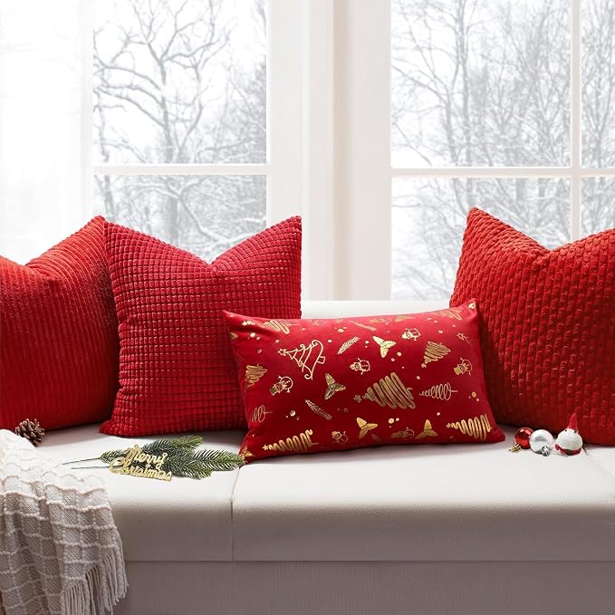 Softalker Corduroy Decorative Throw Pillow Covers 12x20, Set of 2, Red | Soft Boho Striped Pillow Cases, Couch Fluffy Cushion Covers for Farmhouse Home Decor Bed Living Room