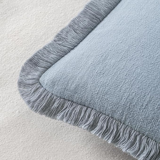 MIULEE Boho Linen Fringe Decorative Throw Pillow Covers Light Blue 20x20 | Set of 2, Cottagecore Decor, Boho Farmhouse Coastal Pillow Covers, Rustic Couch Cushion Cases for Sofa Bed Living Room