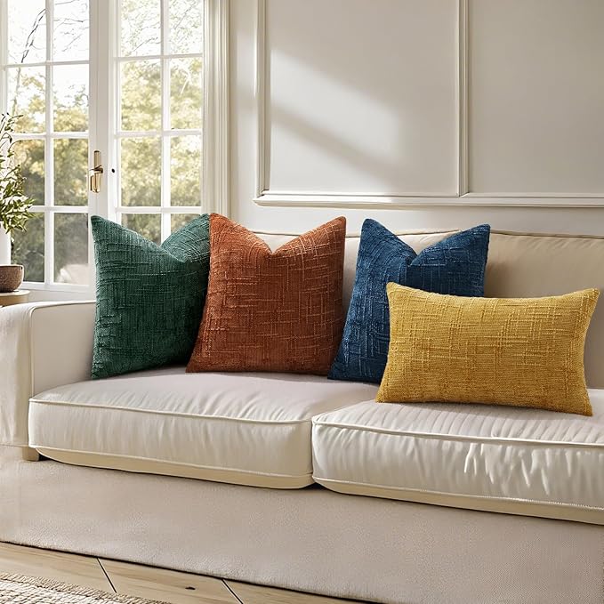 decorUhome Textured Chenille Throw Pillow Covers 26x26 Set of 2 Green | Fall Modern Farmhouse Soft Cozy Slubby Couch Pillow Cases Boho Decorative Pillow Cases for Bed Sofa Living Room Home Decor