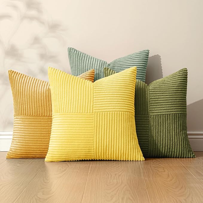 MIULEE Boho Farmhouse Spring Decorative Throw Pillow Covers 18x18 Inch 4 Packs Soft Vintage Pillow Cases Modern Corduroy Patchwork Cushion Covers for Couch Sofa Bed Summer Home Decor, Yellow Green