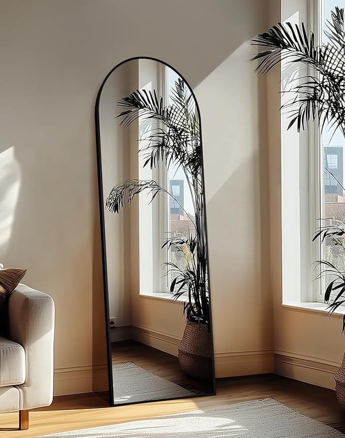 Arched Full Length Mirror with Stand, 69x24 Black Floor Mirror | Aluminium alloy frame with HD float glass for distortion-free reflection. Free standing or wall mounted.