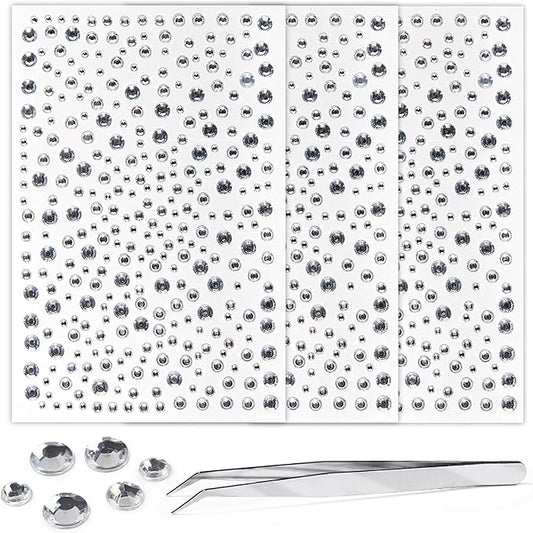 Face Gems Pearls for Makeup Rhinestone Stickers for Crafts Stick on Body Clear Crystal Tweezers Decals 3/4/5/6MM White Hair Nails Craft DIY Gems for Nails Makeup Decor 975PCS