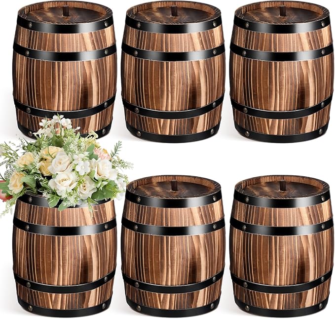 GlikCeil 6 Pcs Wood Wine Barrel Vase Vintage Flower Vase Container Rustic Barrel Planter for Wedding Reception Table Decoration Home Indoor Outdoor Garden Kitchen Party (8 x 6.5 Inch)