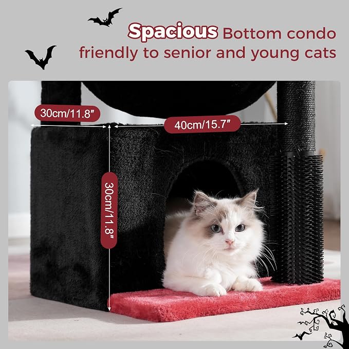 Cat Tree 32” Small Cat Tower with Large Hammock 16”& Self Groomer | Gothic Cat Tree with Hammock 16” Dia, Removable Bed, Scratching Post & Self Groomer Small Cat Tree for Indoor & Adult Cats