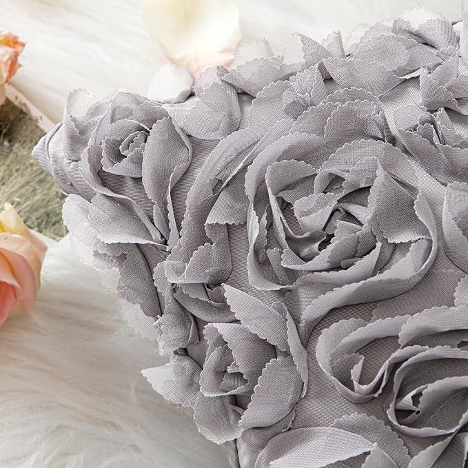 MIULEE Decorative Rose Flower Pillow Covers Pack of 2 Grey 16x16 Inch | Cute Romantic Stereo Chiffon Throw Pillow Cover Aesthetic Solid Pillowcase for Girl Coquette Room Decor Coach Bedroom