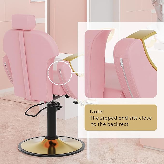 Barber Salon Chair, Reclining Hair Salon Chair, 360 Degrees Swivel Styling Chair, Height Adjustable Hydraulic Shampoo Chairs, Spa Equipment (Pink)