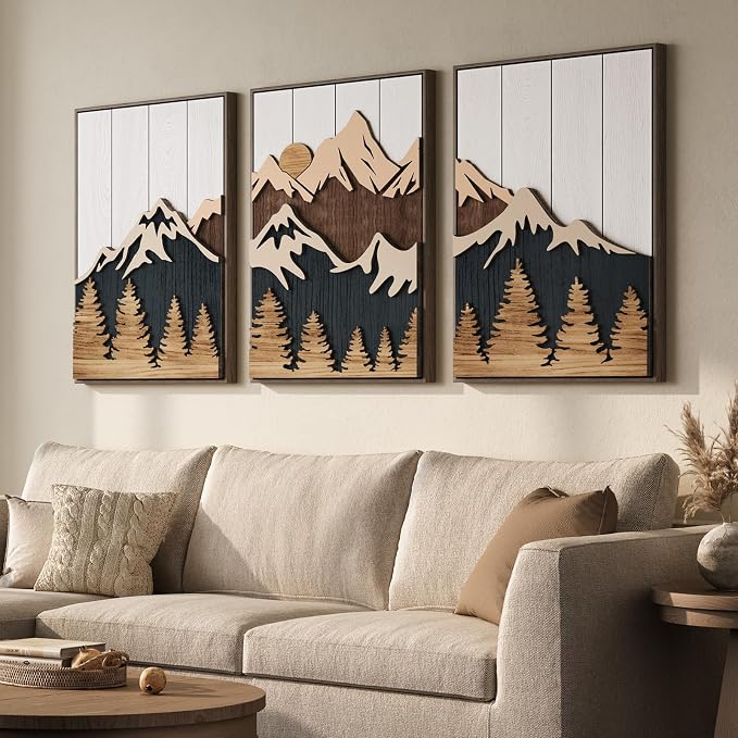Framed Wood 3D Mountain Textured Wall Art for Living Room, Set of 3 Farmhouse Modern Wood Artwork for Walls, Large Mountain Forest Landscape Wall Art Decor for Home Office Bedroom Hallway, 20x30 Inch