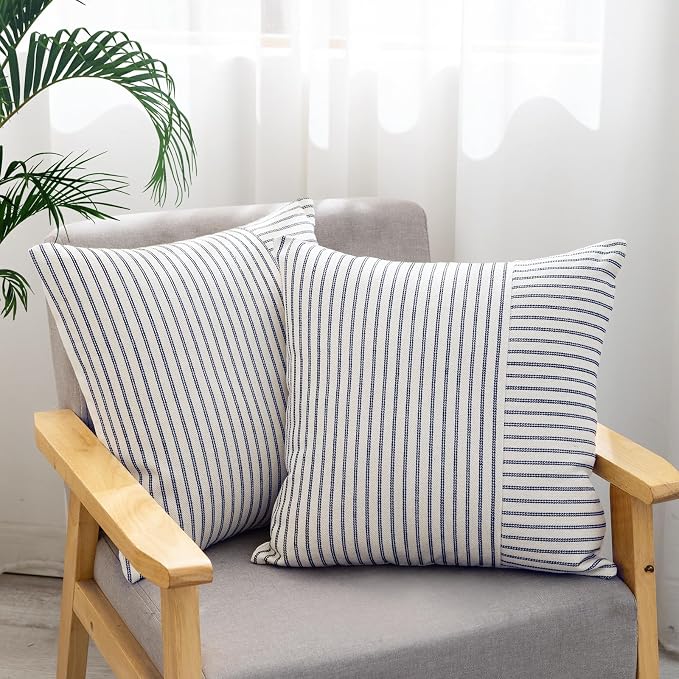 YCOLL Farmhouse Pillow Covers 18x18, Modern Accent Square Throw Pillow Covers Set of 2, Navy and Beige Striped Patchwork Linen Decorative Pillows Cushion Covers for Couch Chair Bedroom Home Decor