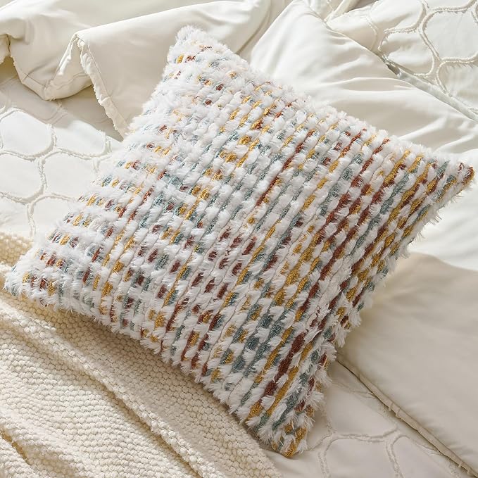 Set of 2 Boho Chenille Pillow Cover Decorative Tufted Pillowcase for Couch Bed Sofa Bedroom Living Room Modern 20 x 20-Inch Brown White