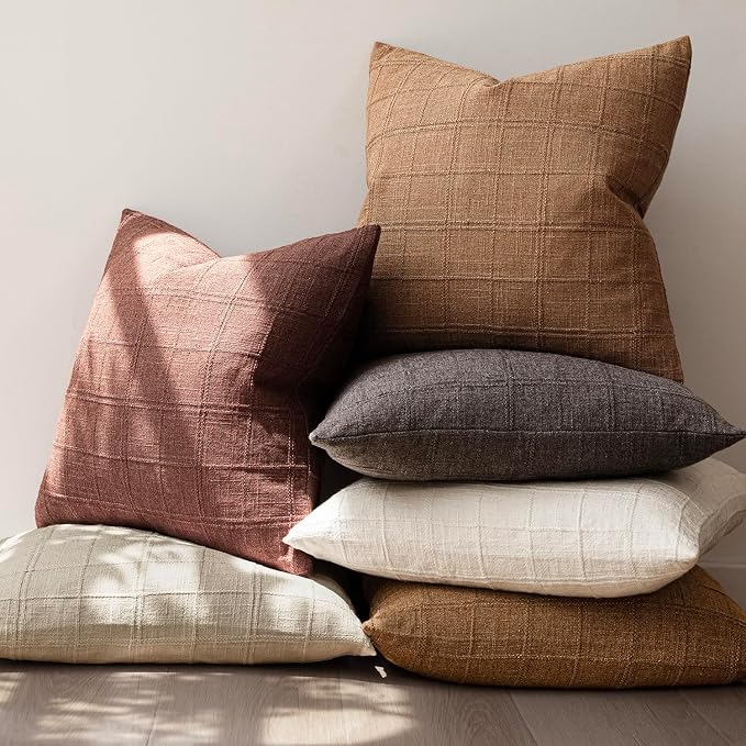 Foindtower Set of 2 Decorative Linen Check Throw Pillow Covers Neutral Farmhouse Vintage Cushion Covers Modern Boho Home Decor for Sofa Chair Couch Bedroom Living Room,16×16 Inch,Autumnal Red