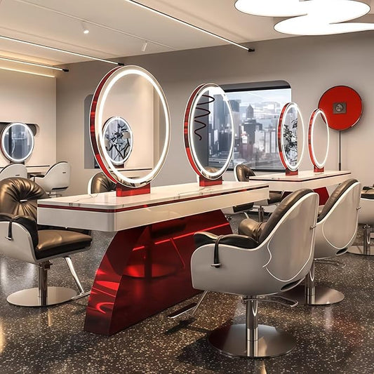 4-Person Salon Station for Hair Stylist with Retro-Futuristic Style, Barber Station includes LED Round Mirror, Red Metal Design, for Beauty Salon