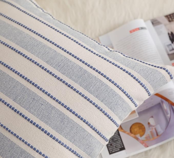 Cethom Decorative Boho Throw Pillow Covers, Farmhouse Textured Pillow Case, 22 x 22 Inch Set of 2, Chair Sofa Bedroom Living Room Home Decor Couch Cushion Case, Classic Blue and Beige Striped