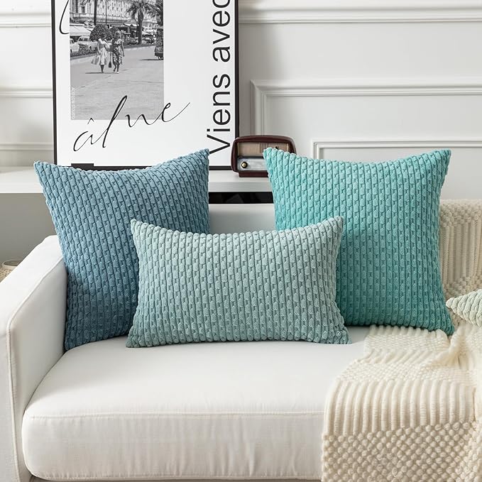 Kevin Textile Soft Corduroy 12"x20" Lumbar Pillow Cover 1 Pack, Aqua Green | Boho Stripe Plush Corduroy Decorative Oblong Cushion Cover Modern Farmhouse Home Decor for Sofa Couch Bed Chair