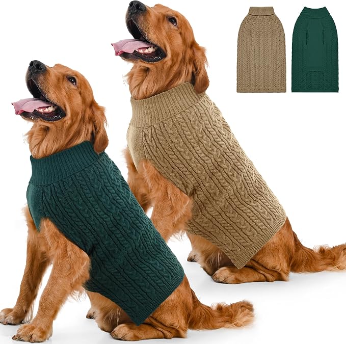 Dog Sweater 2 Pack for Large Dogs, Size XL, Green & Brown | Stretchy cable knit turtleneck, machine washable, high belly cut, comfy winter fit for English Bulldog, Boxer