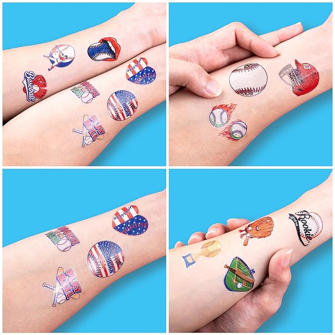 96 PCS Baseball Sports Pre-Cut Temporary Tattoos for Kids | Super Cute Baseball Themed Birthday Party Favors, Supplies, Decorations, Fake Tattoo Stickers (multiple)