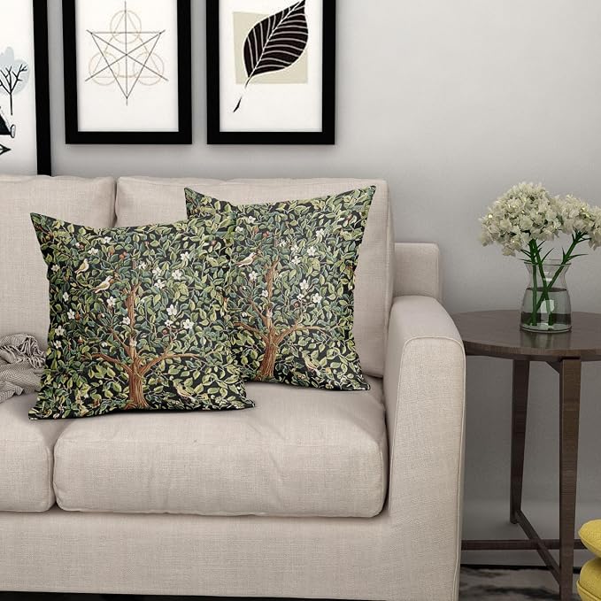 Green Tree Pillow Covers 24X24 Inch Set of 2 Watercolor Forest Bird Floral leaves Decorative Pillow Cases Spring Vintage Leaf Flower Cotton Linen Cushion Case Farmhouse Home Decor For Sofa Couch