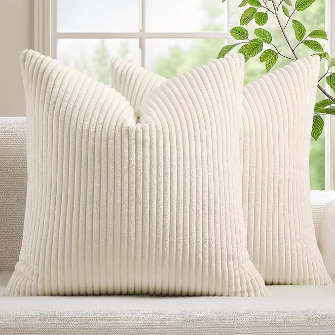 Mecatny Corduroy Fall Throw Pillow Covers 26x26 Set of 2 Cream White | Soft Striped Texture, Hidden Zipper Design, Neutral Boho Square Pillow Cases for Sofa Couch Living Room Bedroom, Home Décor