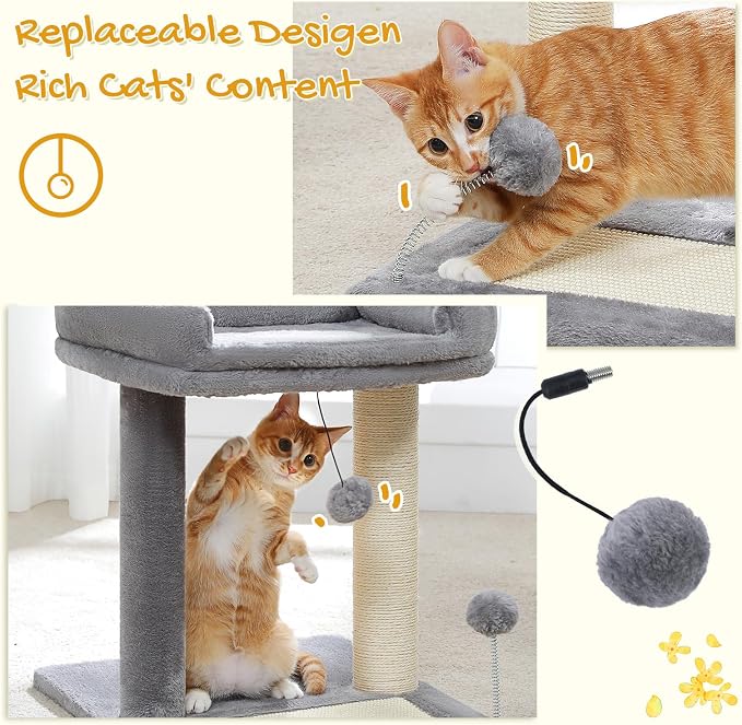 PAWZ Road Cat Scratching Post with Bed, Small Cat Tower with Pad & Ball | 19” Cat Stand with Padded Removable Bed, Full Sisal Scratching Post & Scratcher Pad Dual Play Ball for Kittens & Indoor cats