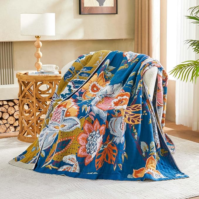 XIBLC Boho Throw Blanket, Blue Lightweight Blankets for Summer, 100% Cotton Bohemian Decorative Throw Blanket, 80"x90" Reversible Muslin Breathable Woven Farmhouse Blankets Quilt,