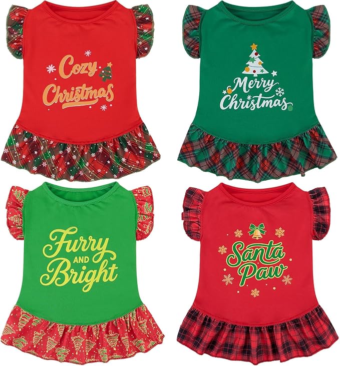XPUDAC 4 Pack Christmas Dog Dress Plaid Puppy Clothes for Small Dogs Girl Cute Pet Outfit Doggy Apparel Cat Holiday Party Costume, Red, Green, S