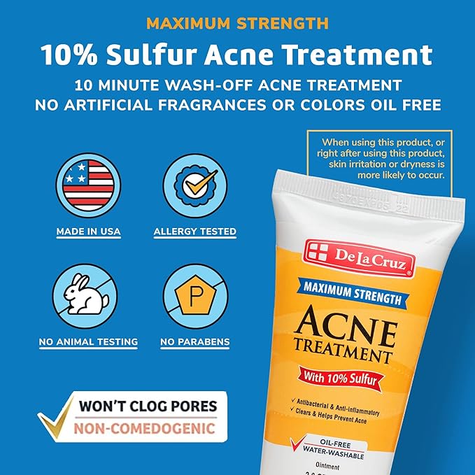De La Cruz Sulfur Ointment - Cystic Acne Treatment for Face and Body - Daily 10 Min Hormonal Acne Spot Treatment Mask - Safe and Effective Ointment that Clears Up Pimples - 2.6 OZ Tube, 2-Pack