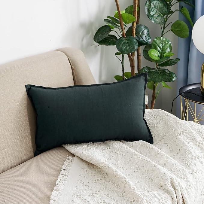 Jeanerlor Cotton Linen Decorative 12"x20" Lumbar Throw Pillow Case Cushion Cover with Twin Needles Stitch on Edge,for Wedding/Party/Gift/Car (30 x 50cm), Dark Green
