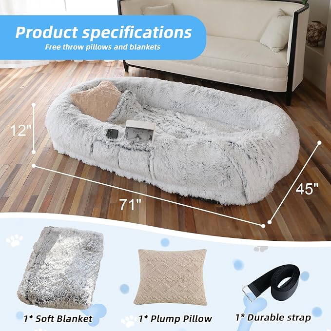 WROS Human Dog Bed - 71"x45"x12" Fits You & Pets, Washable Faux Fur, Orthopedic, Plump Pillow, Blanket, Strap - Grey