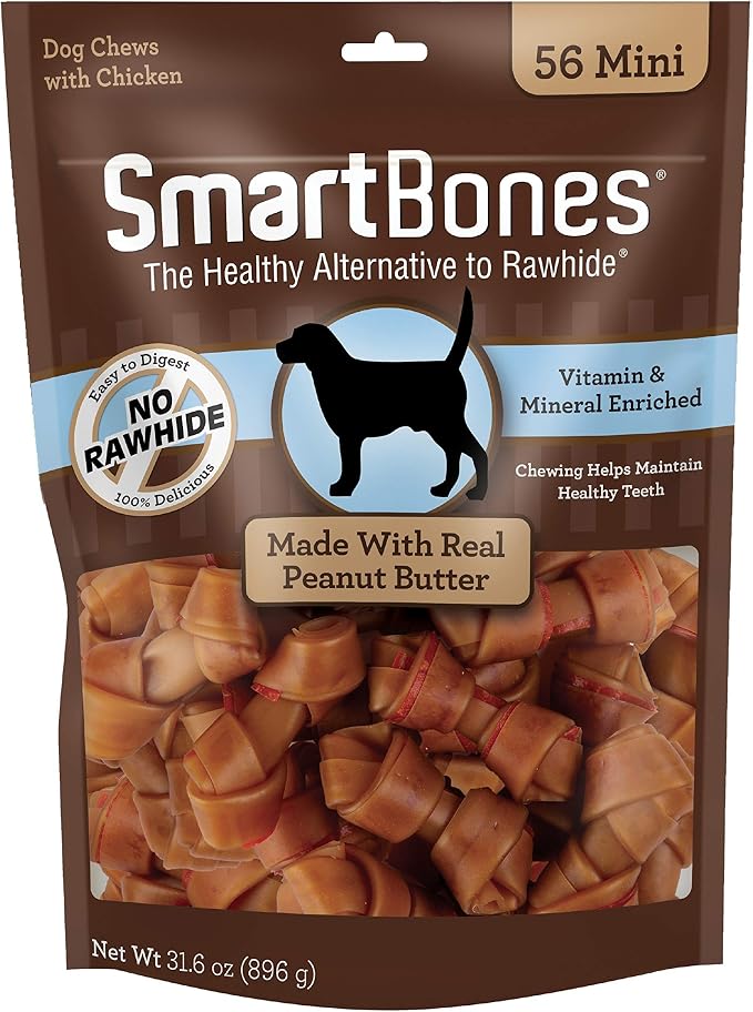 SmartBones Mini Bones With Real Peanut Butter 56 Count, Rawhide-Free Chews For Dogs | With Real Peanut Butter & Chicken, Easy To Digest Chew, Vitamin & Mineral Enriched, Supports Dental Health, For Small Dogs