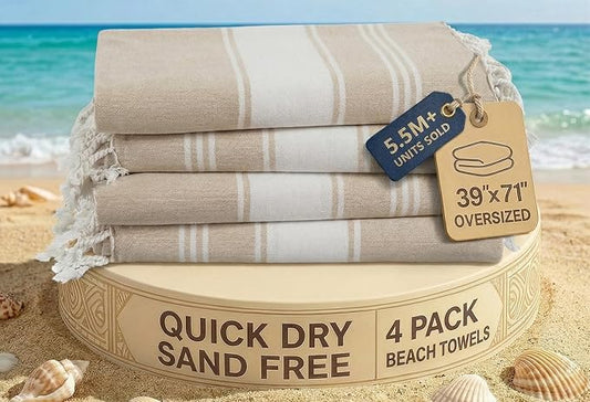 LANE LINEN Beach Towel 4 Pack, Oversized Beach Towels for Adults, Lightweight Travel Beach Towels, Pre-Washed for Soft Hand Feel, Quick Dry Beach Towels, 39"x71" - Beige