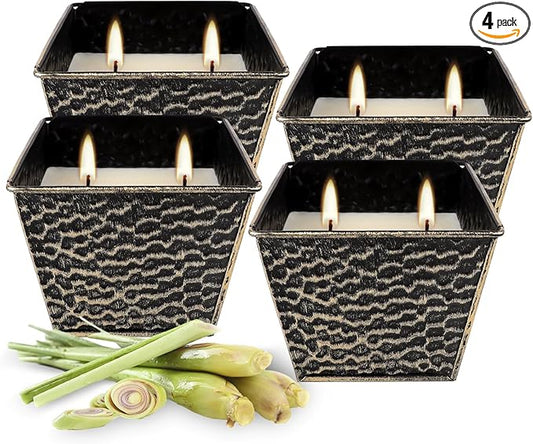 Citronella Candles 4 Pack - 2 Wicks Outdoor & Indoor Ambience Candles Vintage Hammered Metal Jar, Smokeless Clean Burning, Summer Gift for Patio, Garden, Camping & Picnic