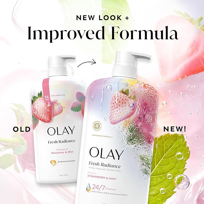 Olay Body Wash for Women, Fresh Radiance, 24/7 Skin-Loving Freshness, Visibly Radiant, Plant Based Cleansers, Vitamin B3 & Antioxidant Blend, For All Skin Types, Strawberry & Mint Scent, 29 fl oz