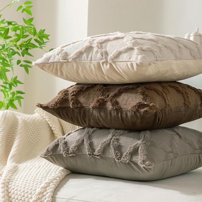 Set of 2 Beige Morrocan Decorative Pillow Covers 26x26 Inch Fluffy Boho Throw Pillow Covers for Bed Couch Sofa Living Room Soft Plush Cushion Cases