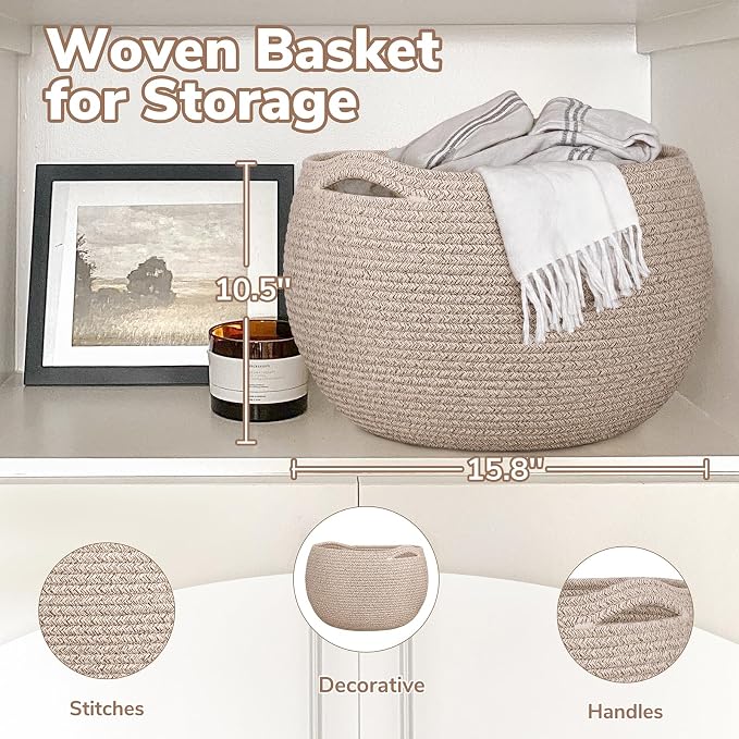 Goodpick Large Toy Storage Basket for Kids, Round, 15.7" x 10.5", Jute | Woven Rope Basket With Handles, Holds Blankets, Toys & Baby Shower, Decorative Basket for Living Room & Bedroom Décor