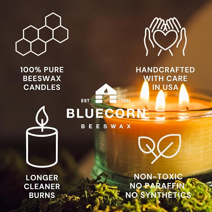 Bluecorn Botanica Beeswax 3-Wick Candle – Lemongrass, Cassia & Rosemary, 100% Pure Beeswax & Essential Oils – 10oz Hand-Blown Recycled Spanish Glass – Non Toxic, Clean Burning, Refillable Glass Jar